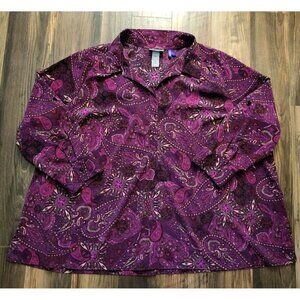 Catherines Purple Paisley 1/4 Button Pop over Top 3/4 Roll Tab Sleeves Sz 3XP
